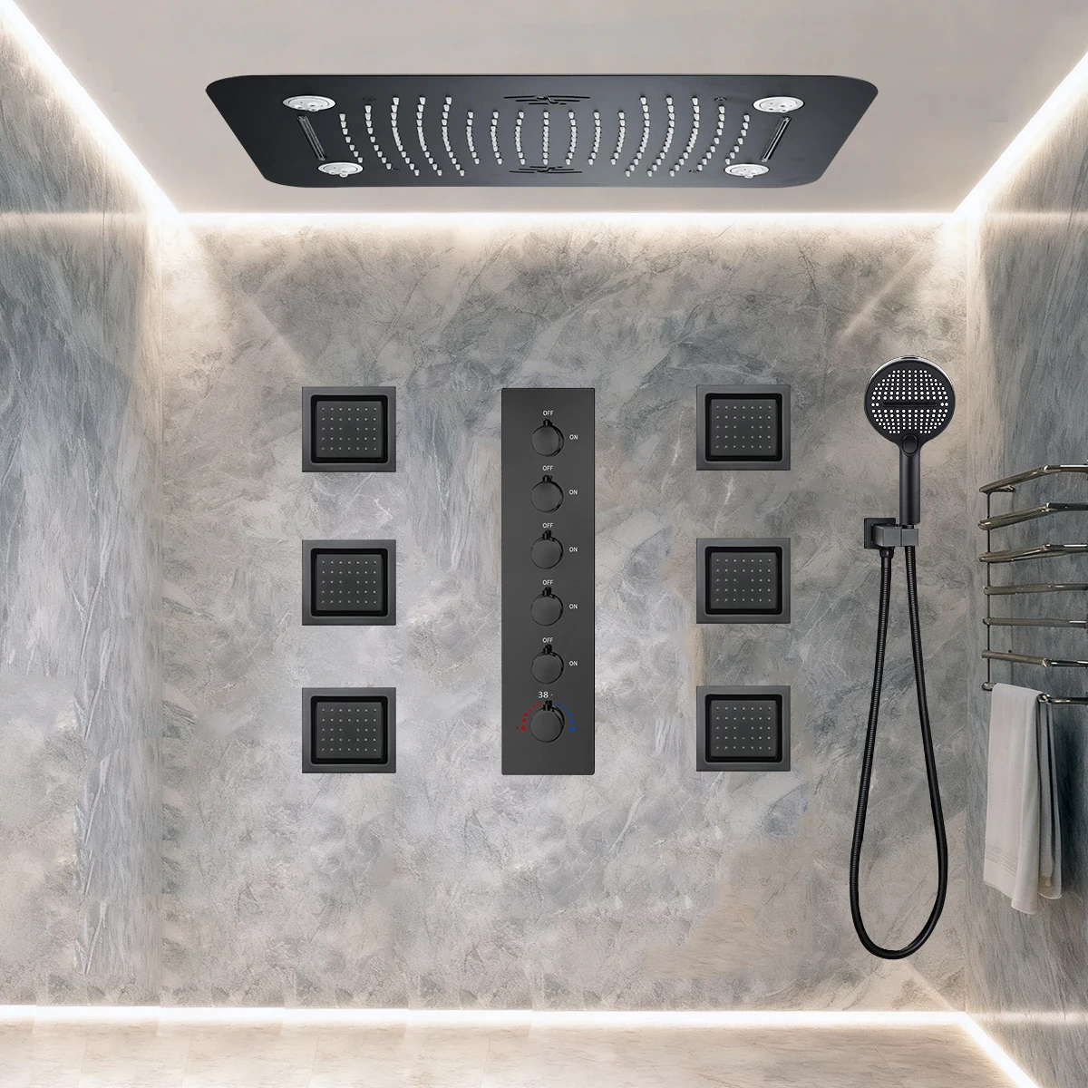 Qlonn Thermostatic Shower System Set Ceiling LED Bluetooth Music Rainfall  Body Jets 5 Function Concealed Bathroom Shower Faucet