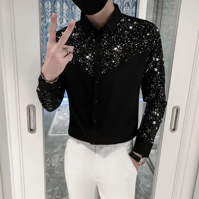 2023 Spring Autumn New Business Casual Neat Capable Male T-shirts Korean Fashion Vintage Shirt Solid Color Sequins Slim Top Men