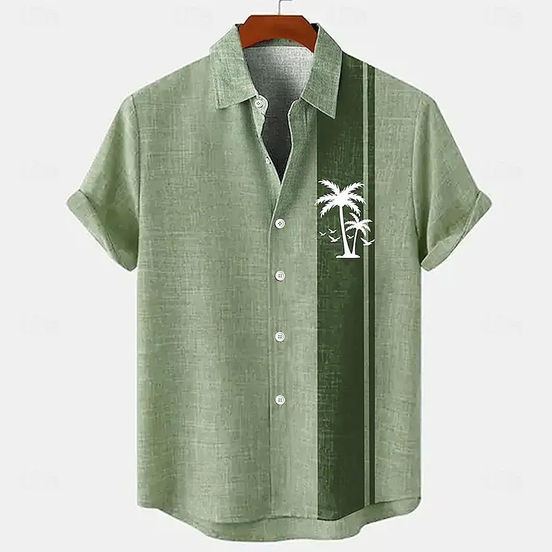 2024 Summer Men\'s New Coconut Tree Pattern Printed Short Sleeve Shirt Made of Linen Comfortable Fabric Suitable for Vacation