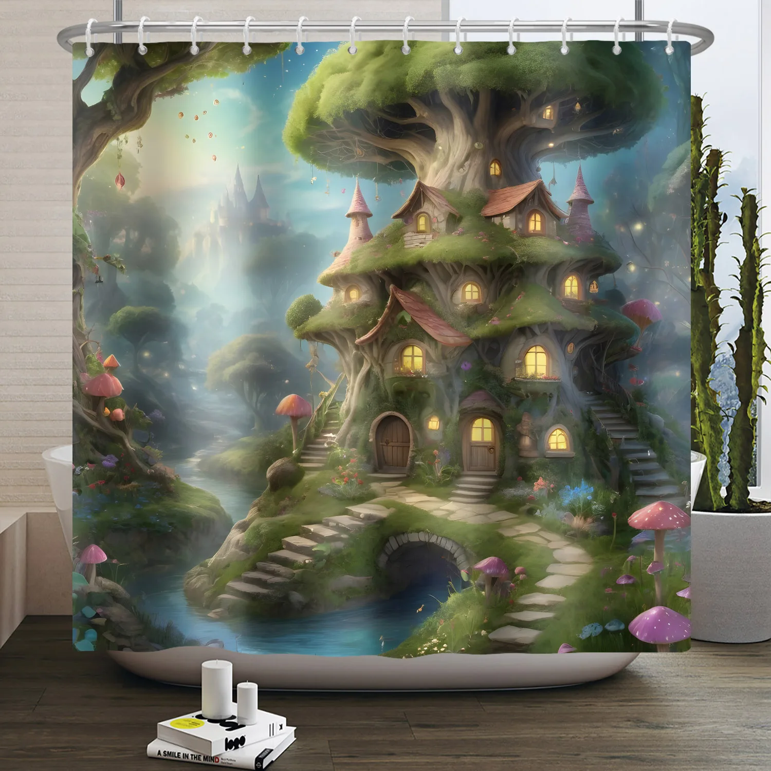 Magic Forest Mushroom House Shower Curtain Fairy Tale Wonderland Fantasy Old Tree Home Bath Partition Waterproof Hanging Curtain