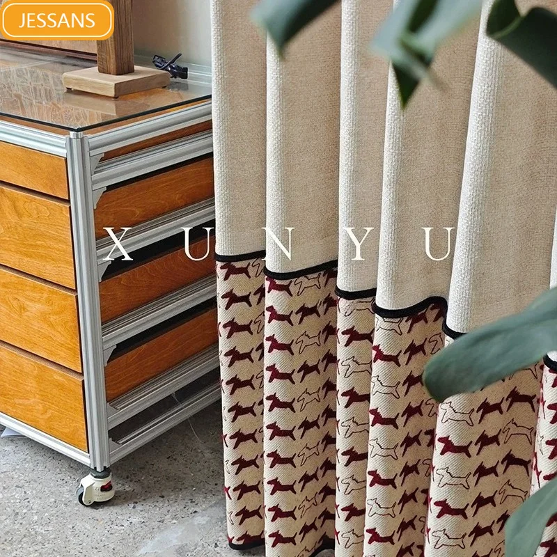 Customized Pony Embroidery Beige Stitching Chenille Curtains for Living Room Bedroom French Window Villa Customized Finished