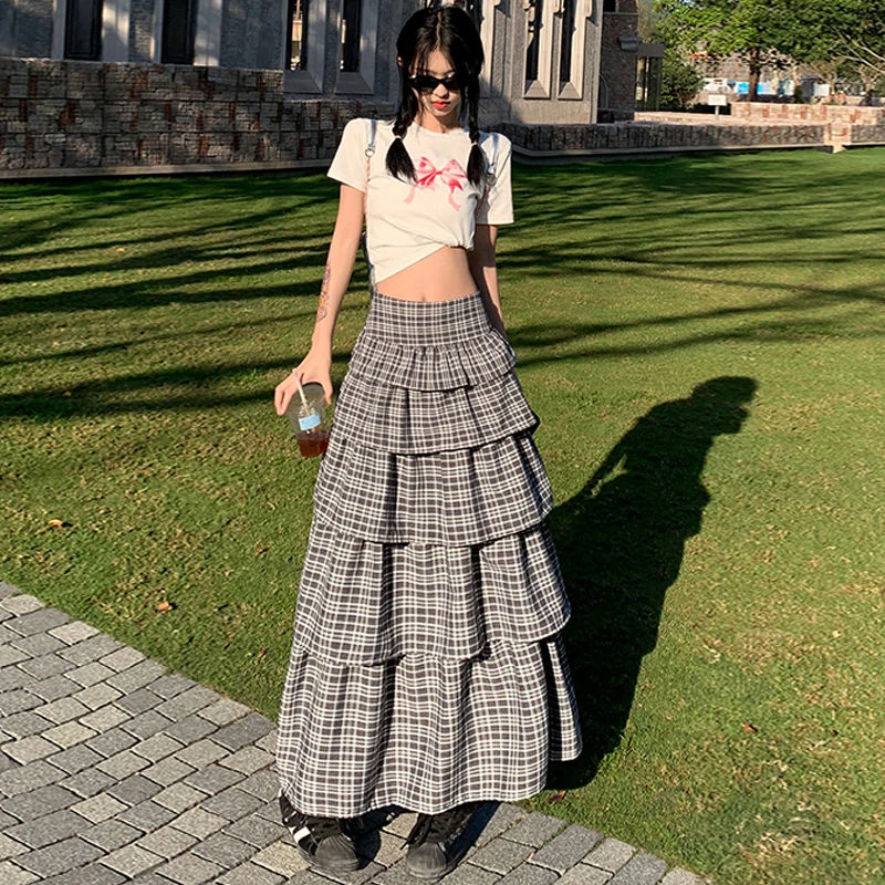 

Korean Harajuku Style Fashion Retro Gray Plaid Cake Long Skirt Women High Waist A-line Multilayer Ruffles Y2k Girl Pleated Skirt