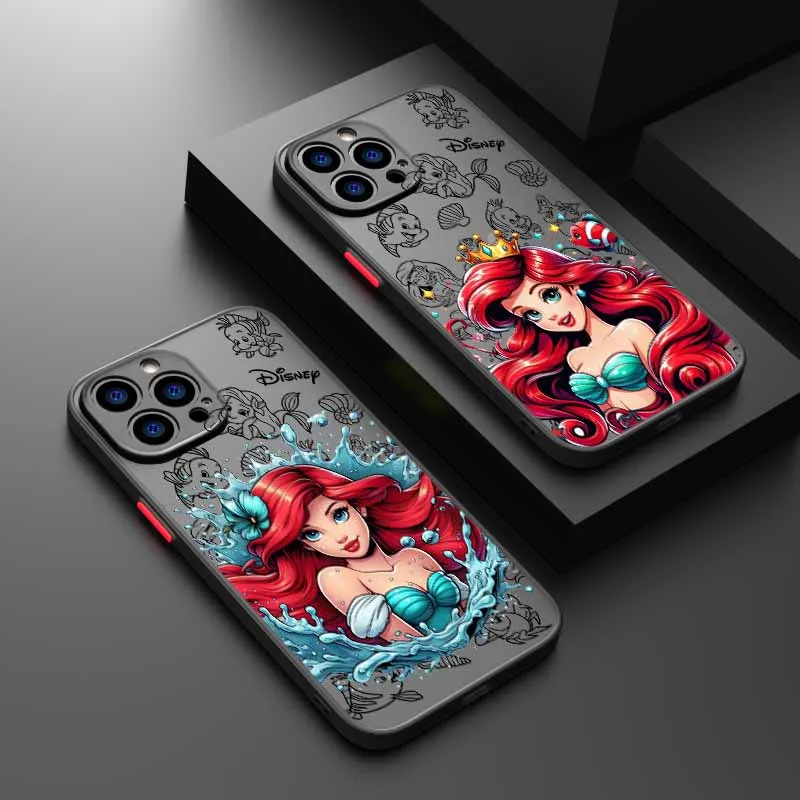 Disney La Sirenita para iPhone 17 17Air 16E 16 15 14 13 12 11 mini Pro Max Plus Funda de teléfono translúcida esmerilada Funda