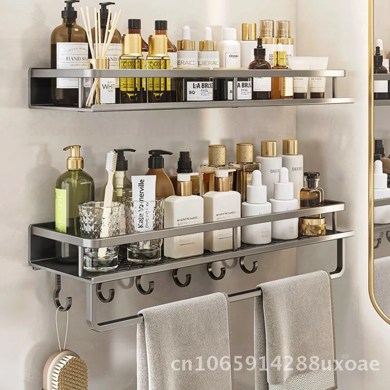 Wall-Mounted Punch-Free Toilet Shelf Aluminum Bathroom Storage Space Saver Single Layer with Hooks Luxury-Inspired Gray