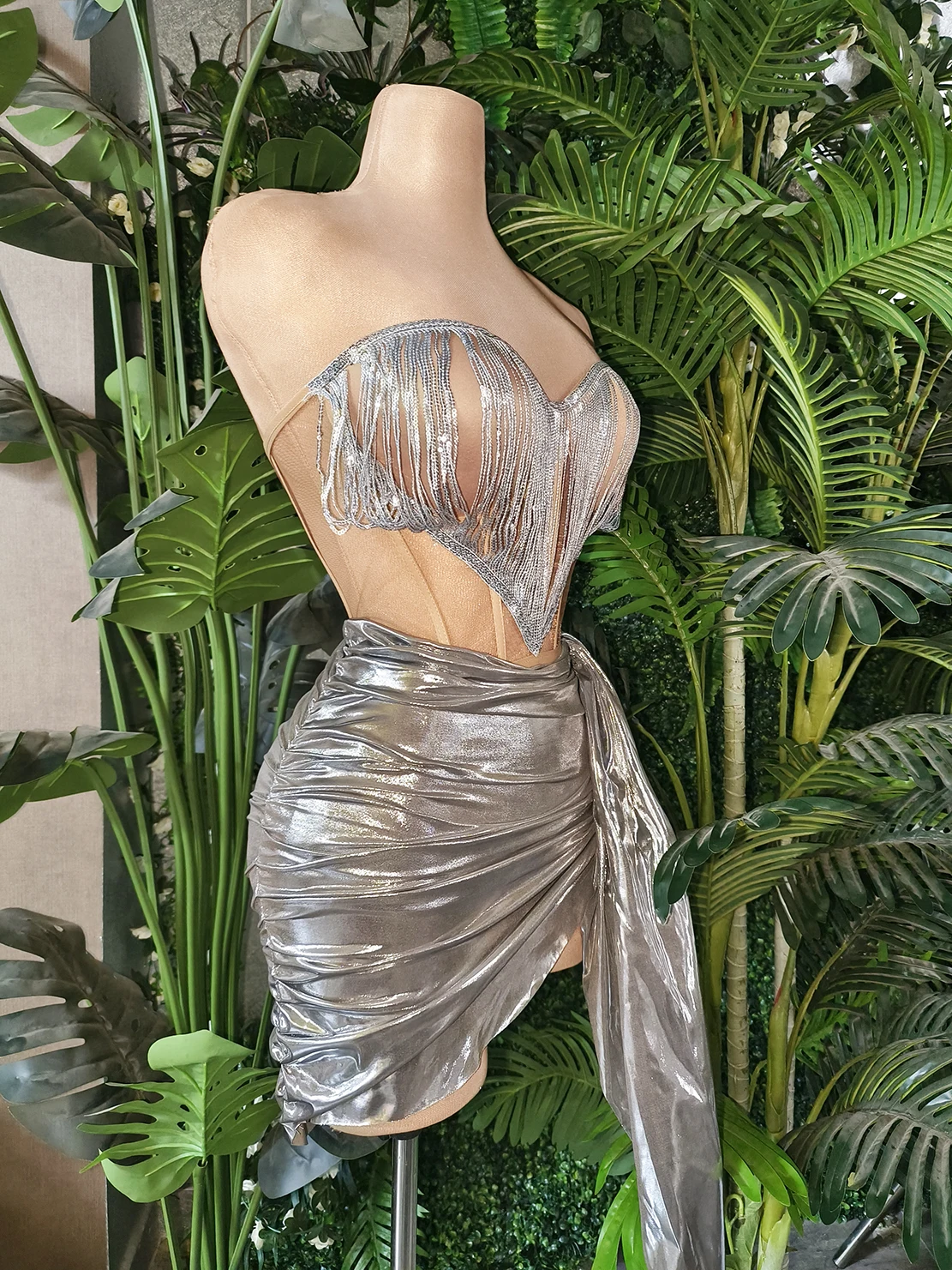 New Women Crop Tops Mini Skirt 2Pieces Set Event Stage Performance Costume Birthday Party Hottie Sexy Strapless Cloting Chacha