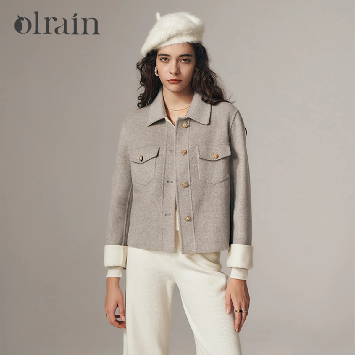 

OLrain Women's Spliced Double-Faced Wool Coat England Style Winter 2025 Metal Buttons Ladies Cropped Tweed Jackets G23DS85356