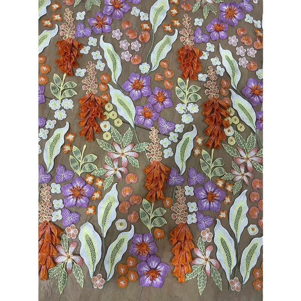 French 3D appliqued embroidery fabric, grape lace fabric, Nigerian wedding dress and evening gown sewing fabric. High quality
