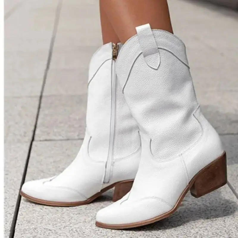 Apricot Suede Ankle Boots With Side Zip Chunky Heels Western Cowboy Boots