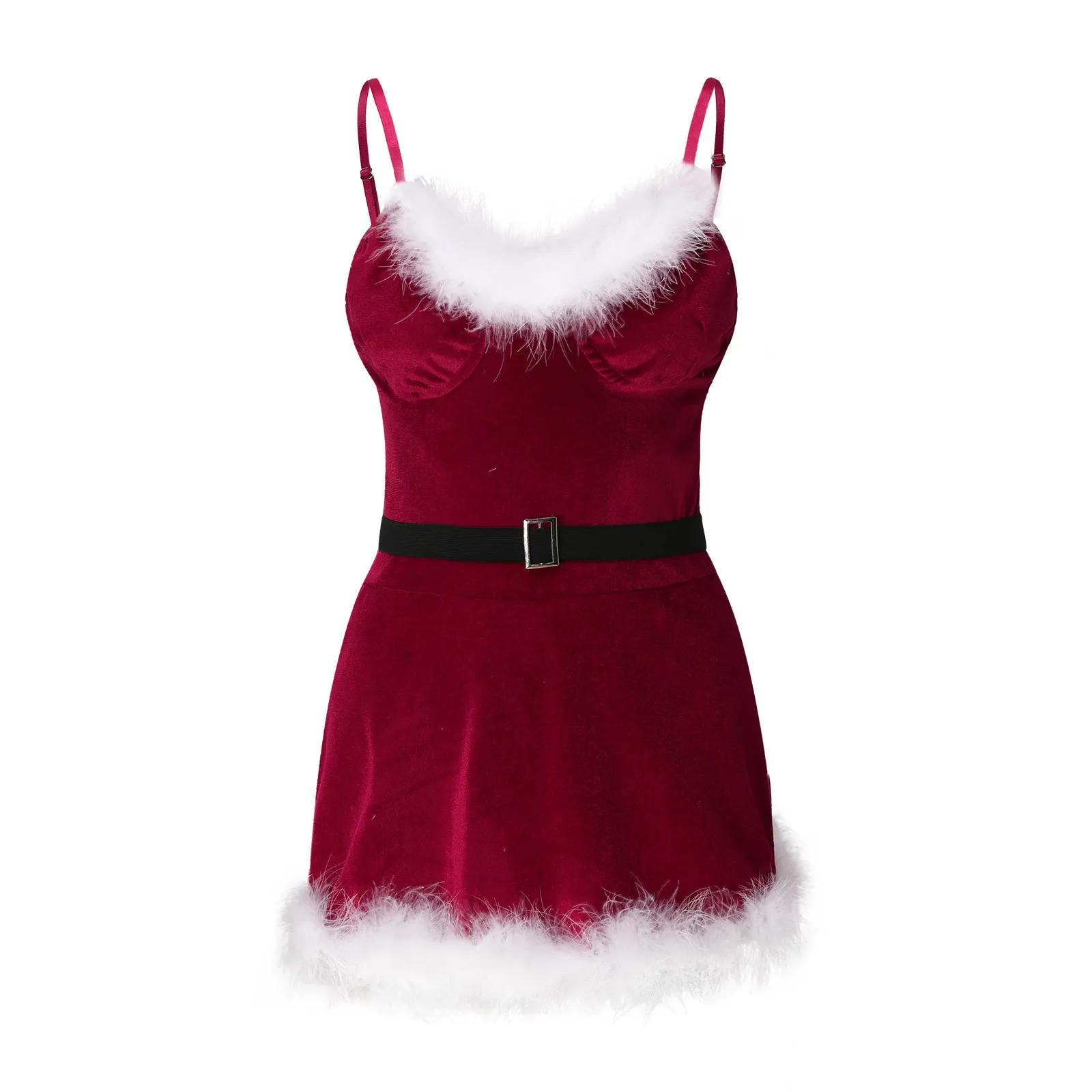 Two Piece Christmas Bodysuit Lingerie Women Cosplay Santa Claus Costume Underwear Theme Party Clubwear Trim Velvet Dress Belt