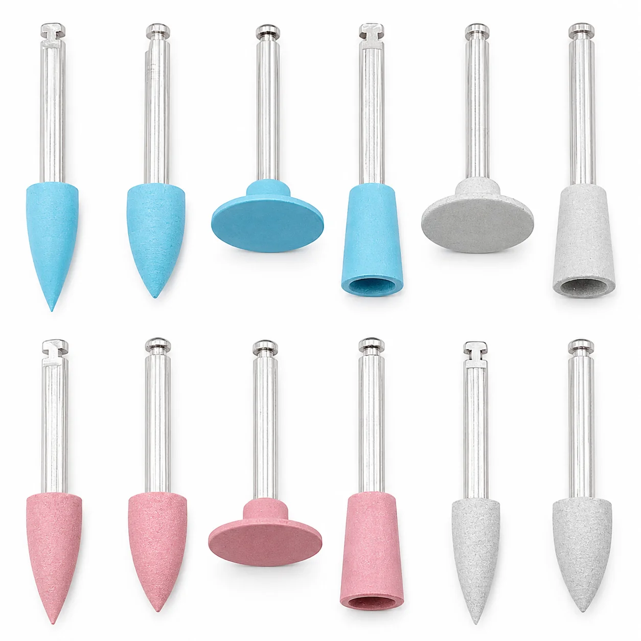 12Pcs Precision Laboratory Silicone Polisher Kit RA Latch 2.35mm Shank 3-Stage Surface Finishing Rotary Bits Gray Pink Blue
