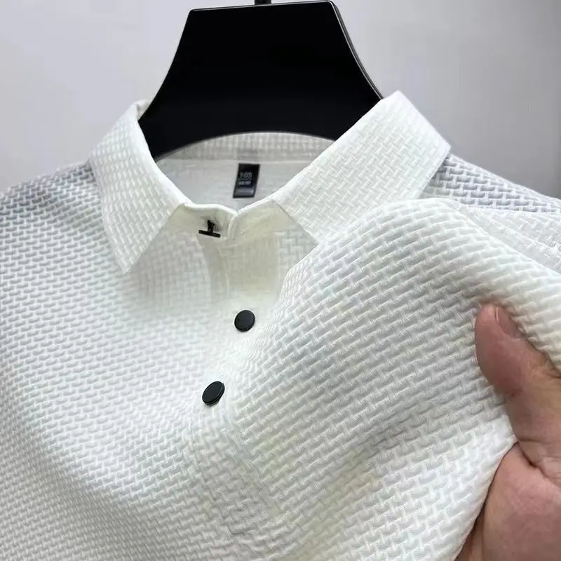 Summer NEW High End Mesh Ice Silk Flip Round Neck Solid Color Paul Sliding Hollow Short-sleeved Polo Trendy Shirt Breathable Tee