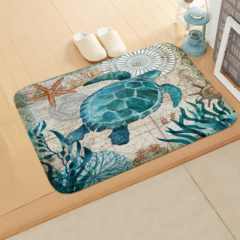 Blue Turtle Bath Mat Tropical Marine Carpet Seahorse Whale Octopus Starfish Foot Pad Retro Sea Animal Bathroom Doormat Floor Rug