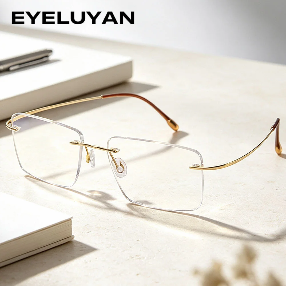 EYELUYA High-quality Business Square Optical Rimless Glasses Frame Screwless Titanium IP Plating Myopia Eyeglasses Frames 16064