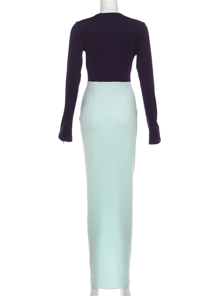 Sisterlinda Patchwork Dress Women Fashion Deep V-Neck Knot Full Sleeve Peach Hip Evening Prom Party Street Skinny Maxi Bodycon