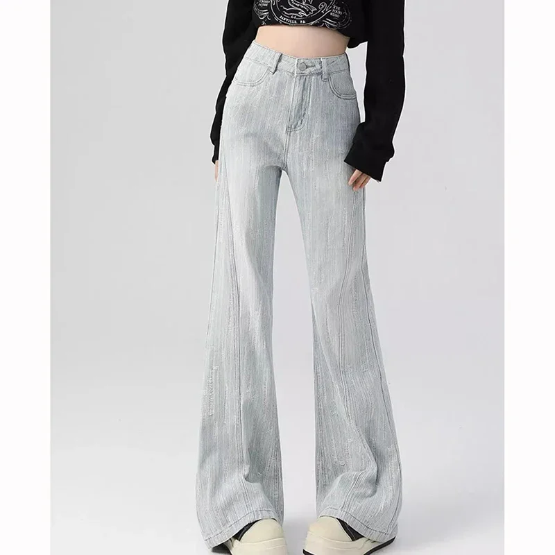

Светлые тонкие расклешенные джинсы для девочек, женские шикарные новые прямые джинсовые брюки, женские модные повседневные брюки с высокой талией