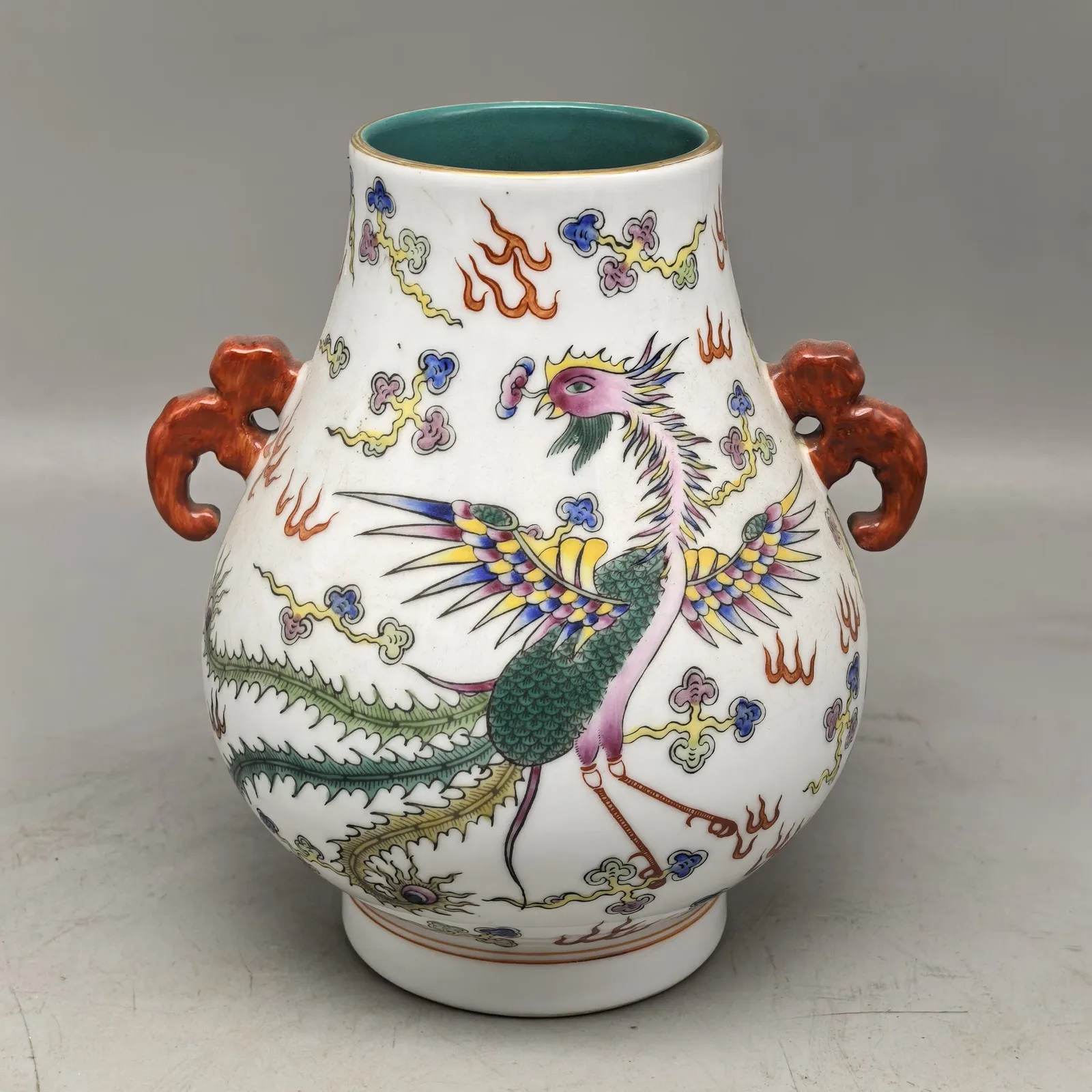 Chinese Qing Kangxi Famille Rose Porcelain Dragon Phoenix Design Vase 7.5 inch