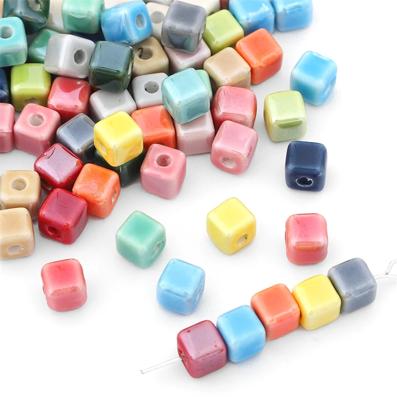 10pcs Fashion Colors 6/8mm Square Beads Cube Ceramic Beads DIY 2mm Hole Beads Handmade Porcelain Bead For Jewelry Making