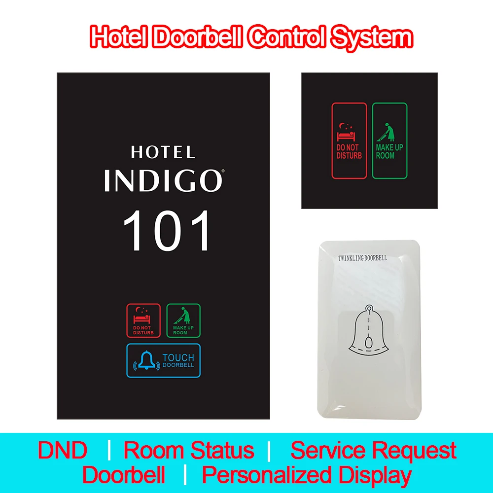 

Система умного дверного звонка 3-в-1 для отелей: светодиодная табличка на дверь + контроллер звонка + мелодия. Индивидуальный логотип и номер комнаты. Режимы DND/Уборка/Ожидание