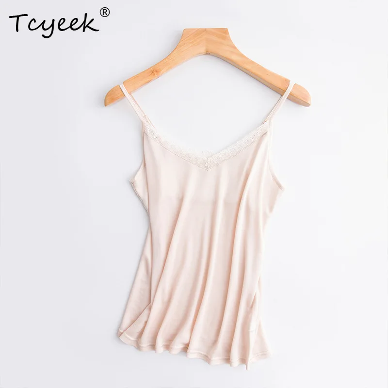 Tcyeek 23% Mulberry Silk Camis Women Soild Color Sexy Camisole Underwear Tank Top Comfortable Ladies Tops Knitted Thin Style