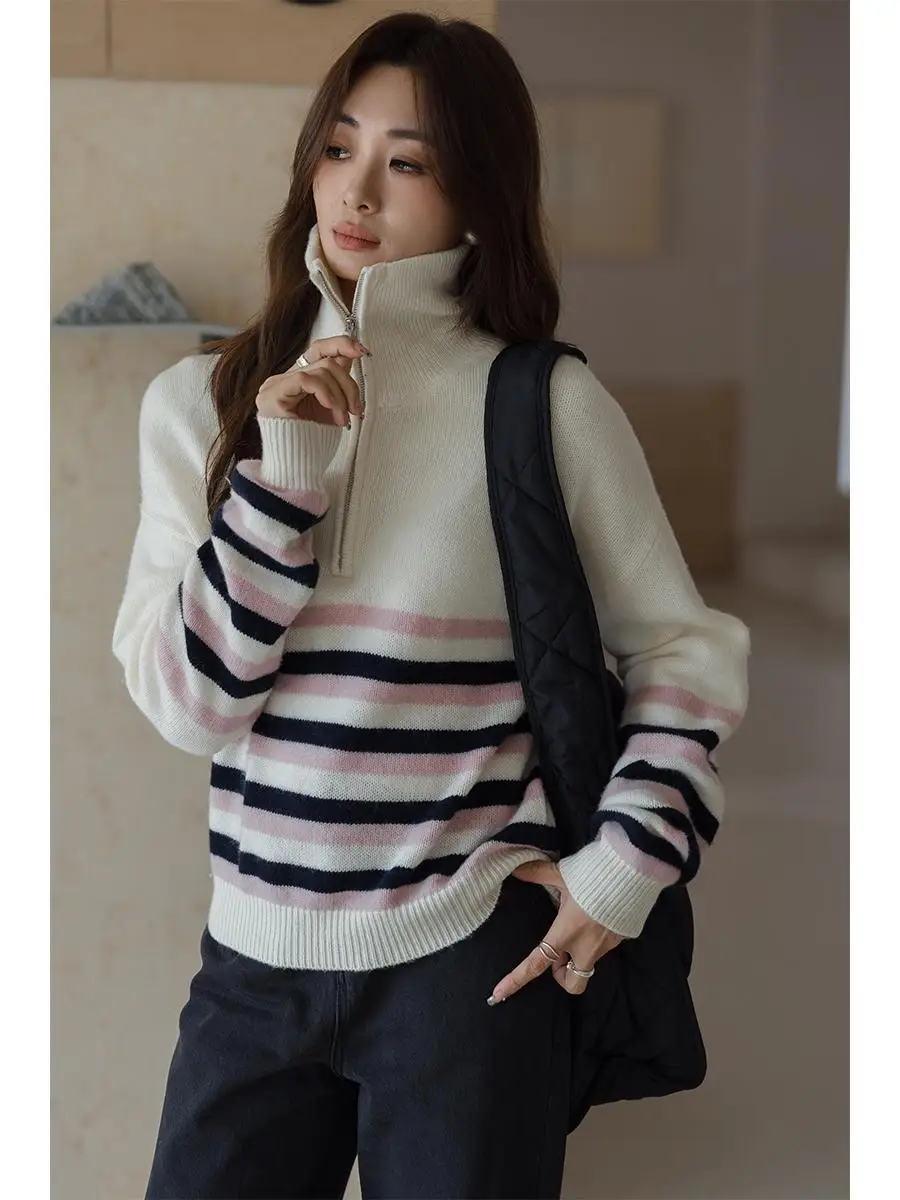 

Women's Striped Knitwear High Collar f Zip Sweater Comfortable Warm Winter Top Faionable Commute Sle Straight Cut