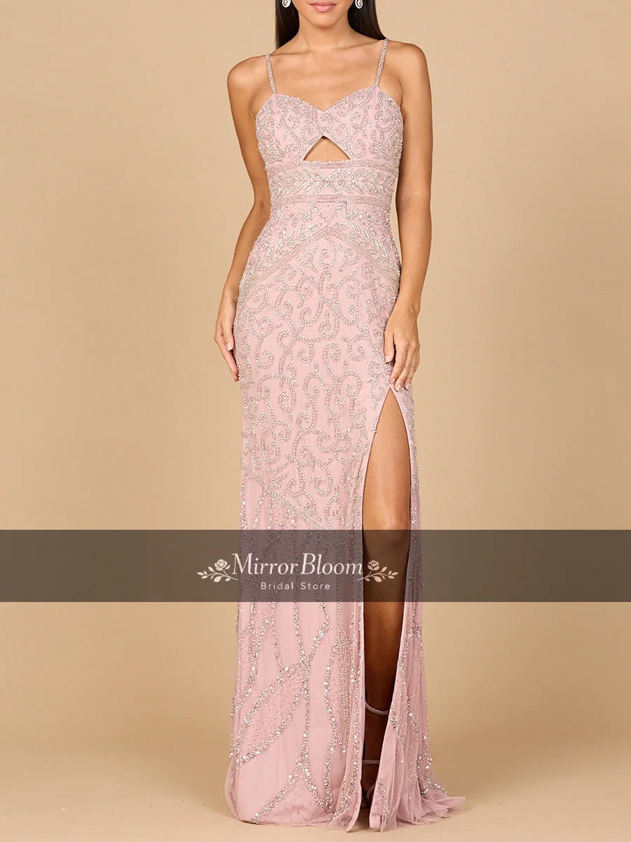 

Elegant Dusty Pink Beaded Sequin Evening Dress Luxury Spaghetti Strap High Split Formal Gown Prom Wedding Party Dress Customized