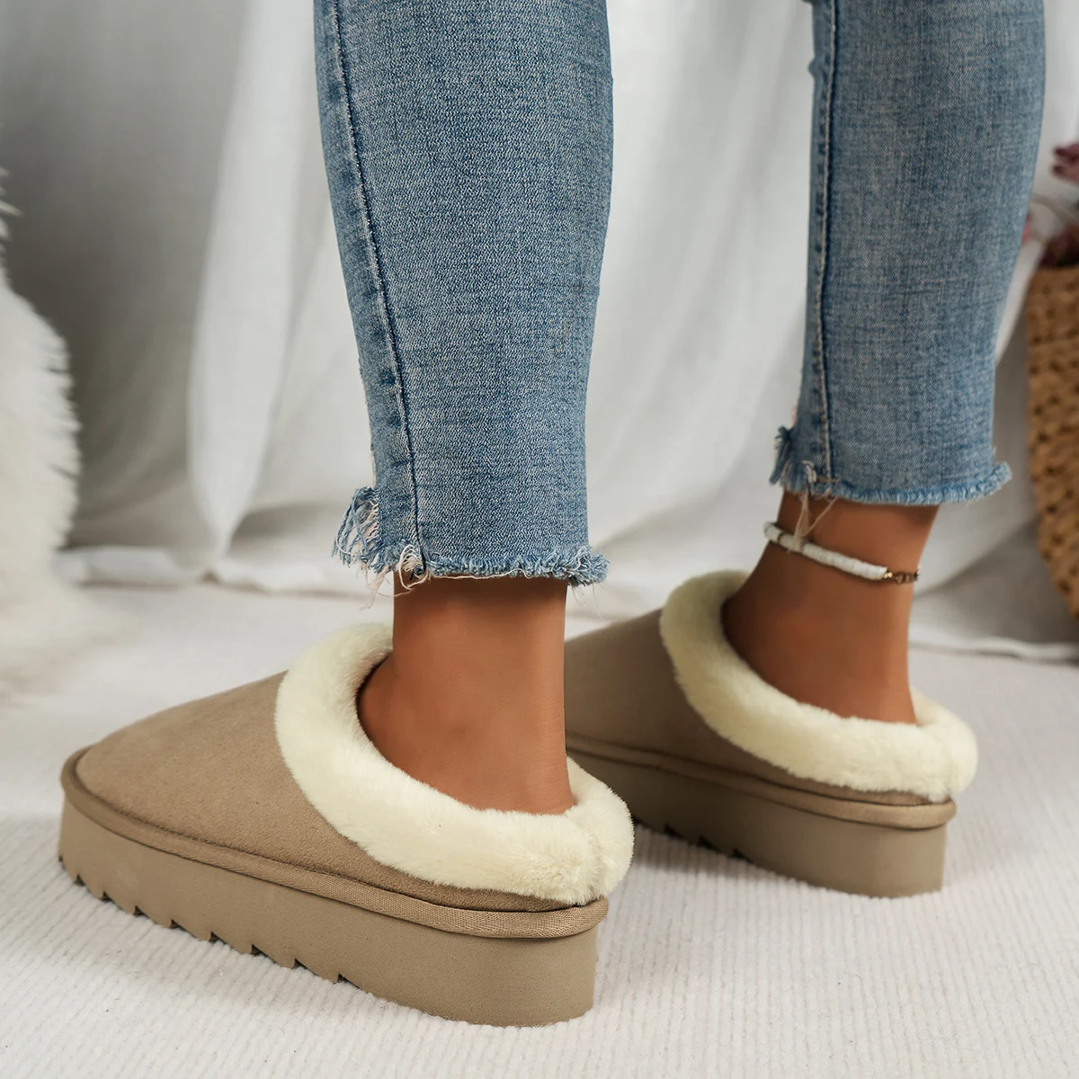 Wintermode Damen Flauschige Dicksohlige Freizeitschuhe, Dicksohlige Rutschfeste und Warme Hausschuhe mit Fellfutter – Detail 9