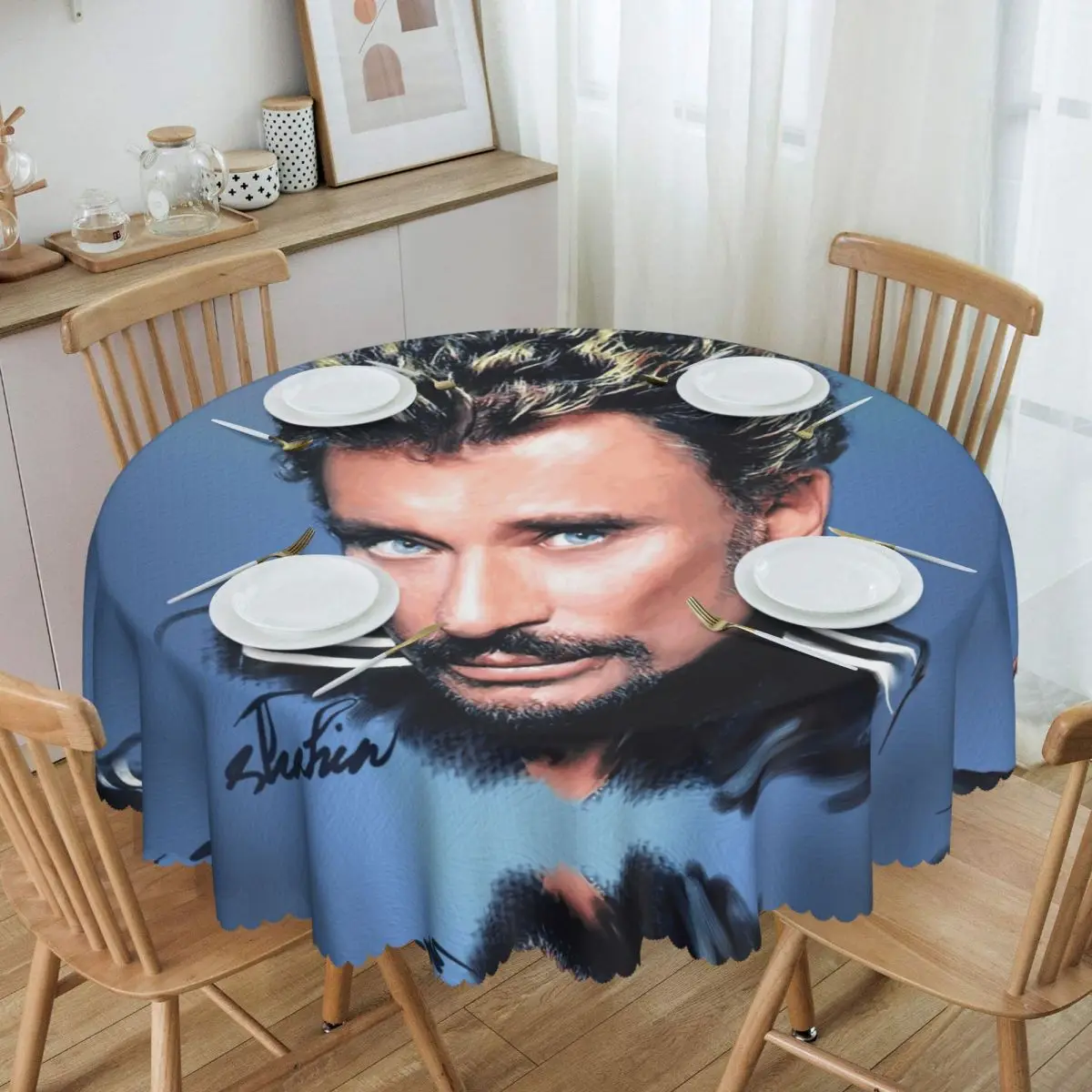 Johnny Hallyday Tablecloth Round Waterproof French Rock Singer Table Cover Cloth for Kitchen 60 inch