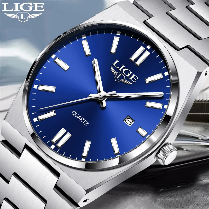 LIGE Business Men Watches Luxury New Top Waterproof Stainless Steel Quartz Wrist Watch Man Silver Luminous Clock Relojes Hombre