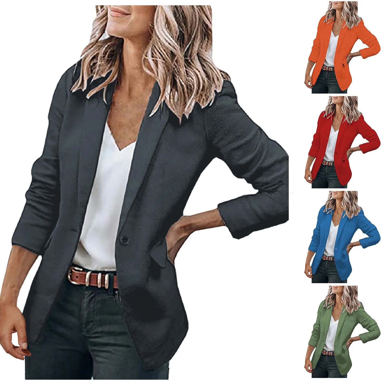 Women'S Solid Color Fashion Casual Suit Jacket Women'S Commuter Formal Coats Lapel Long Sleeve Button Pocket All Match Tops