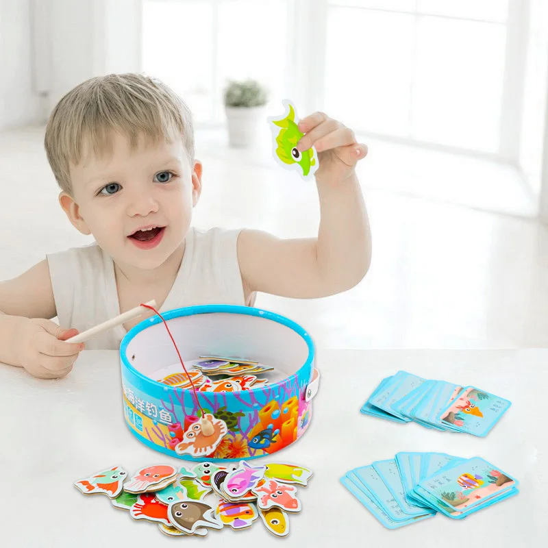 Holz angeln spielzeug kinder frühe bildung ozean cartoon fass baustein magnetische angelrute spielzeug kindergarten spaß spiel