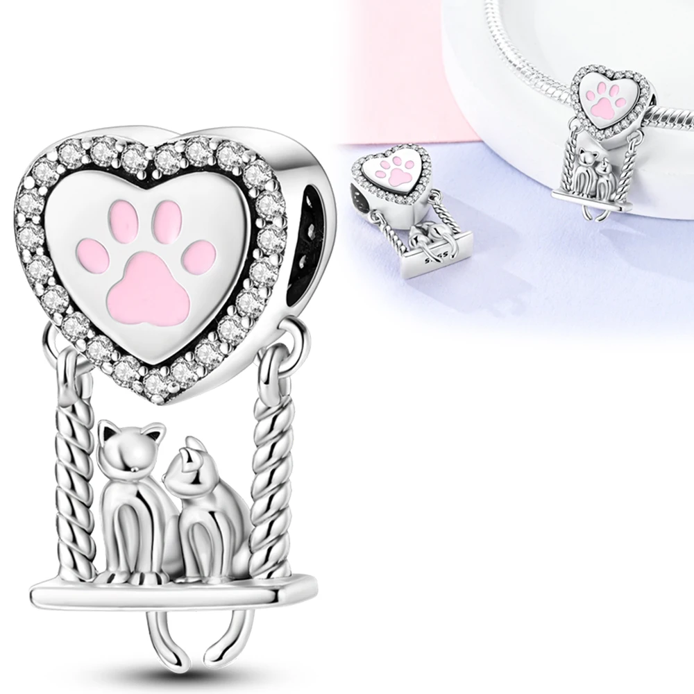 Silver Colour Cute Cat's Paw Swing Heart Beads Fit Pandora Charms Silver Colour Original Bracelet for Jewelry Making