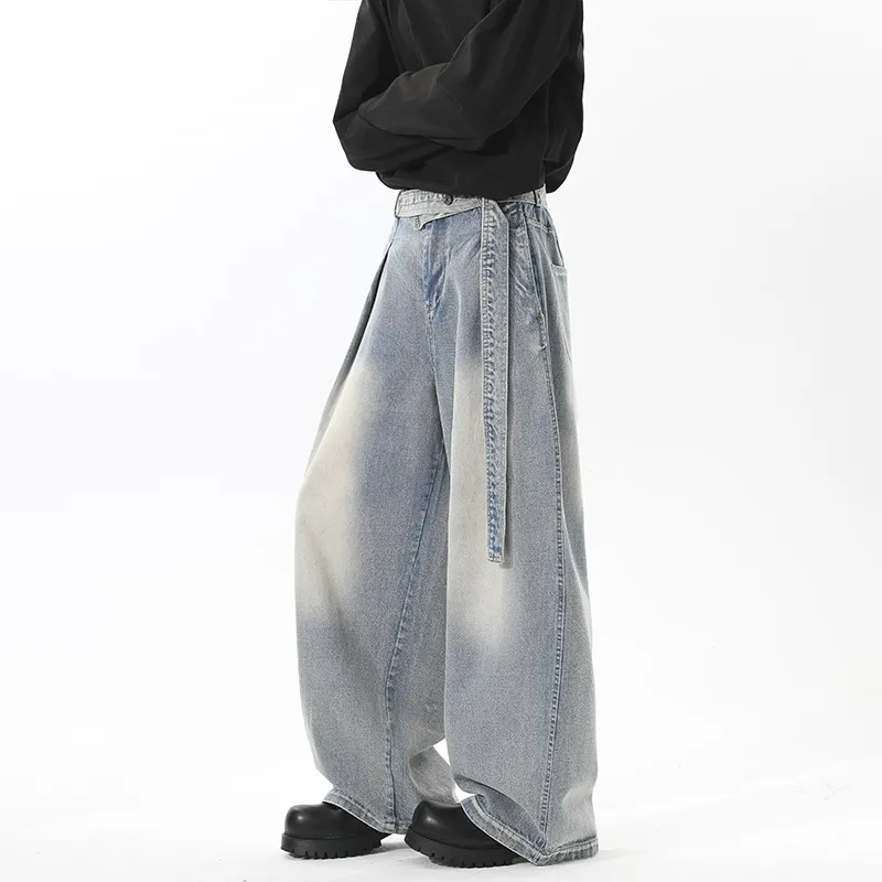 

Винтажные светло-голубые джинсы свободного покроя, Новое поступление 2025 года, высококачественные потертые джинсовые брюки для мужчин, уличная модная молодежная одежда