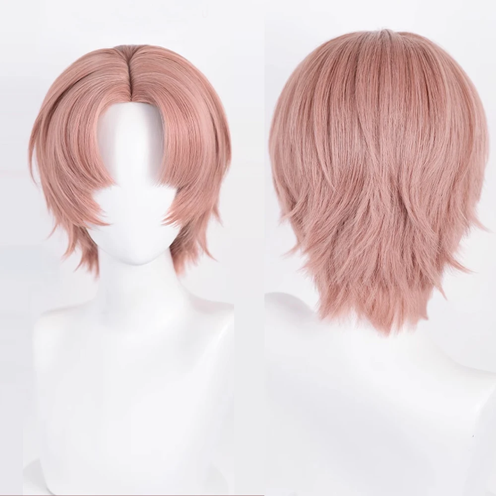 Pink Orange Synthetic Short Straight Wig Middle Part Men Anime Game Cosplay Fluffy Hair Heat Resistant Wig for Daily Party