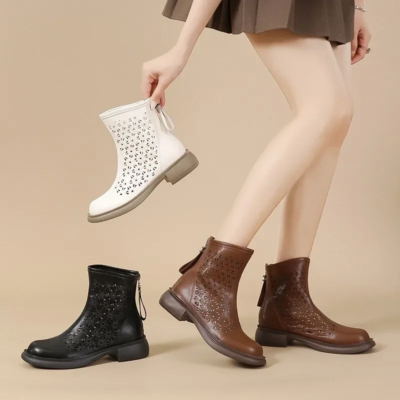 Bottes rétro en cuir véritable pour femmes, creuses, cool, l'offre elles épaisses, lacets, fermeture éclair coréenne, chaussures décontractées pour femmes