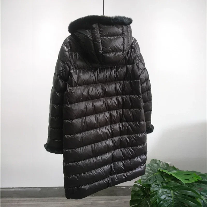 2023 inverno vera pelliccia di coniglio cappotti da donna addensare caldo outwear donna 90% piumino d'anatra bianca lungo piumino Parka cappotto sottile femminile