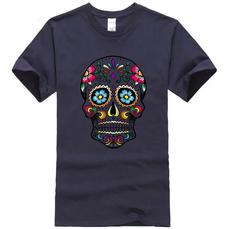 Men's Cotton Blend T-shirt, Day of The Dead Sugar Skull Print, Street Style Loose O-neck Short Sleeve Summer Casual Tee Tops