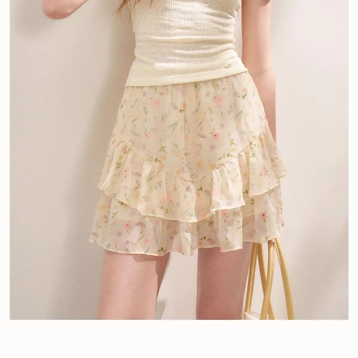 Y2K Floral Print Chiffon Ruffle Tiered Mini Skirt Women Sweet Fairycore Kawaii Harajuku High Waist A-Line Beach Summer Skirt New
