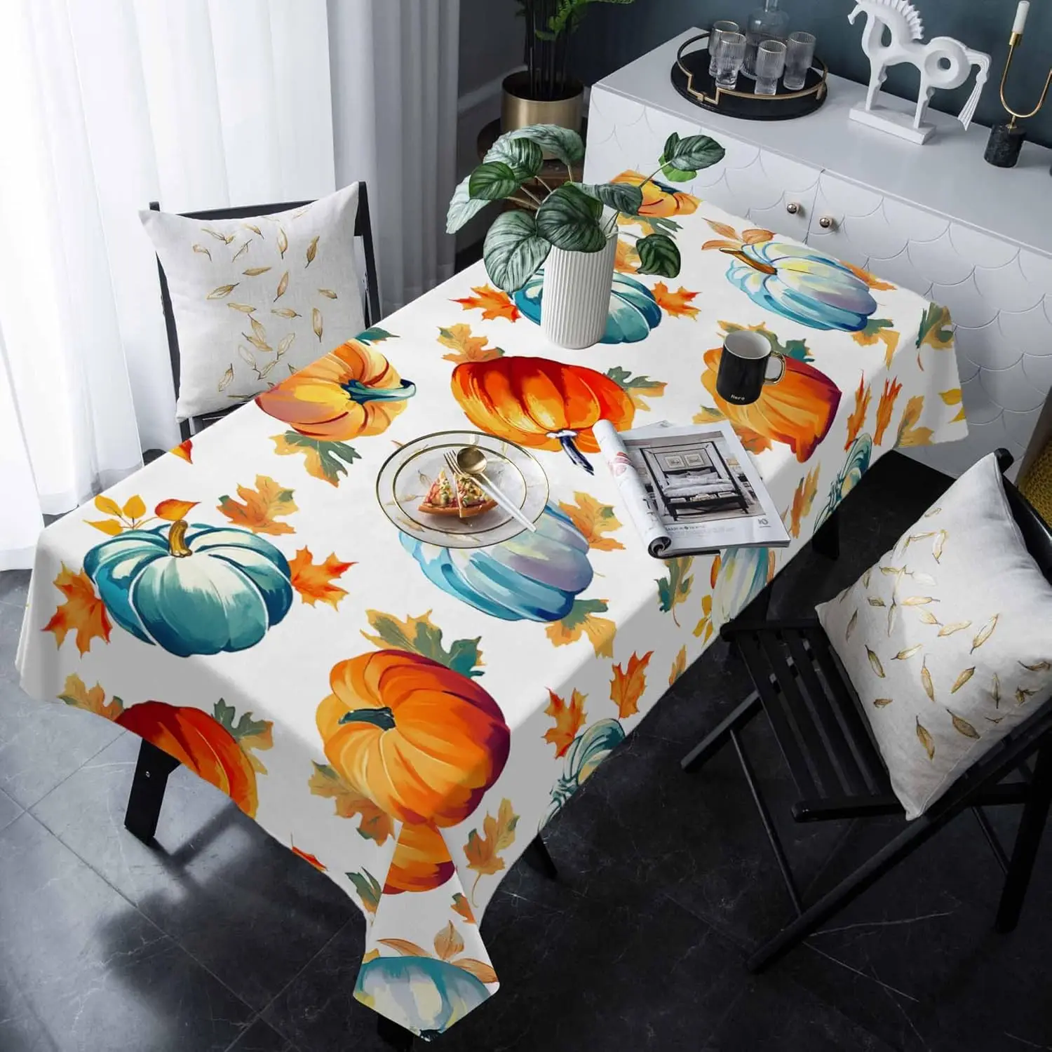 

Fall Thanksgiving Pumpkins Waterproof Tablecloth for Table Decor Reusable Autumn Watercolor Maple Leaves Table Cloth Party Decor
