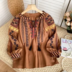 Chic Vintage Elegant Embroidery Long Sleeve Blouse Fashion O-neck Lace-up Tassel Shirt Casual Bohemian Chic Loose Women Top