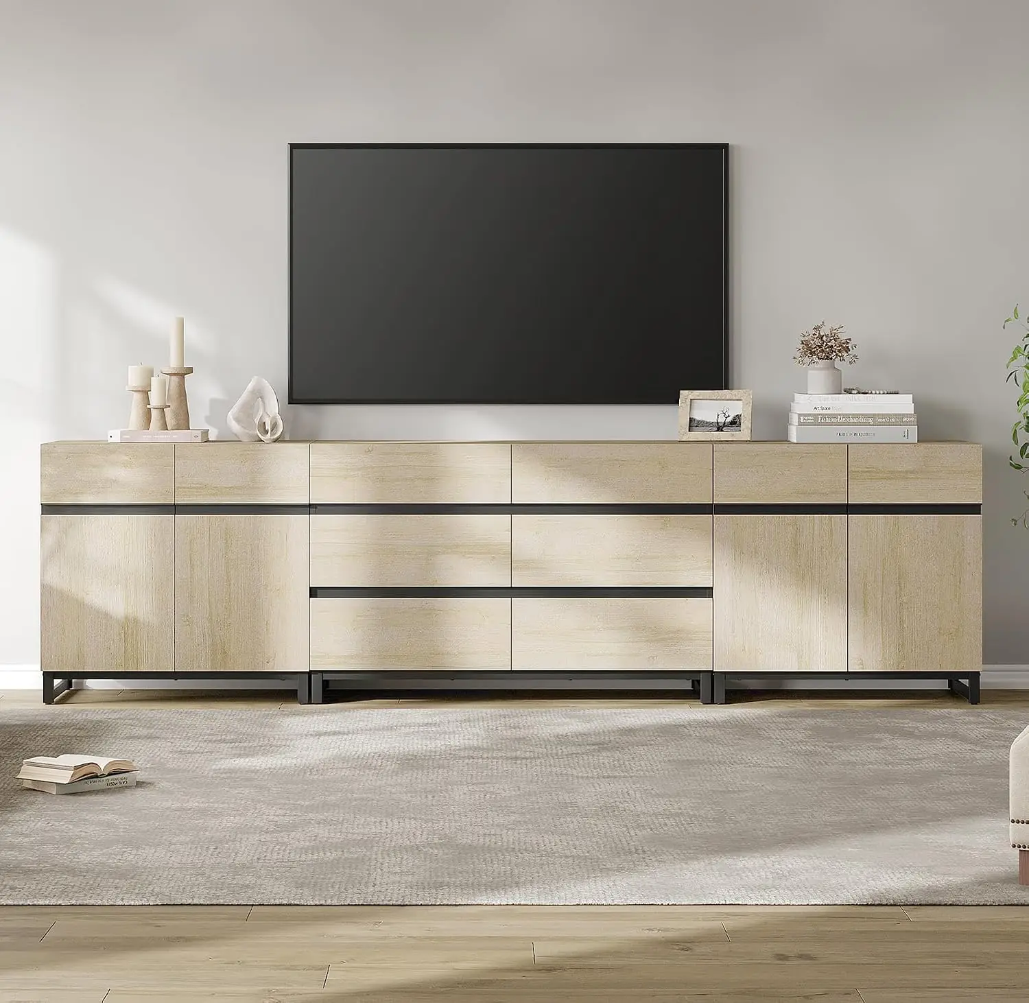 TV Stand For 100 Inch TV, Console With Doors & 6 Drawers, Shelf Cabinet For Living Room & Bedroom, Light Oak, Customized
