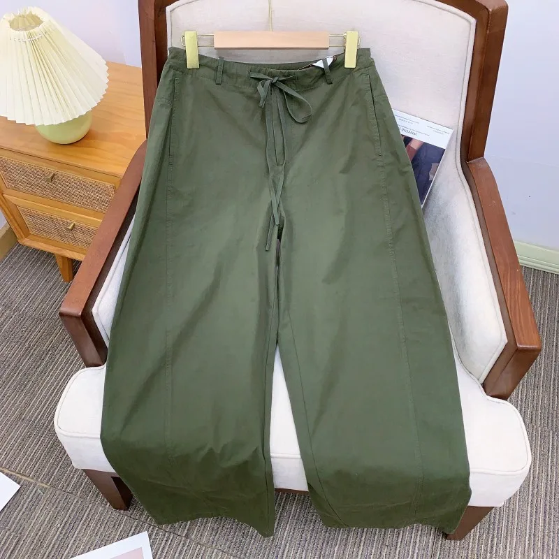 

Retro Dstring Loose Cotton Casual Pants High Densi Pure Cotton Low Waist Trousers with Divided Crotch for Women