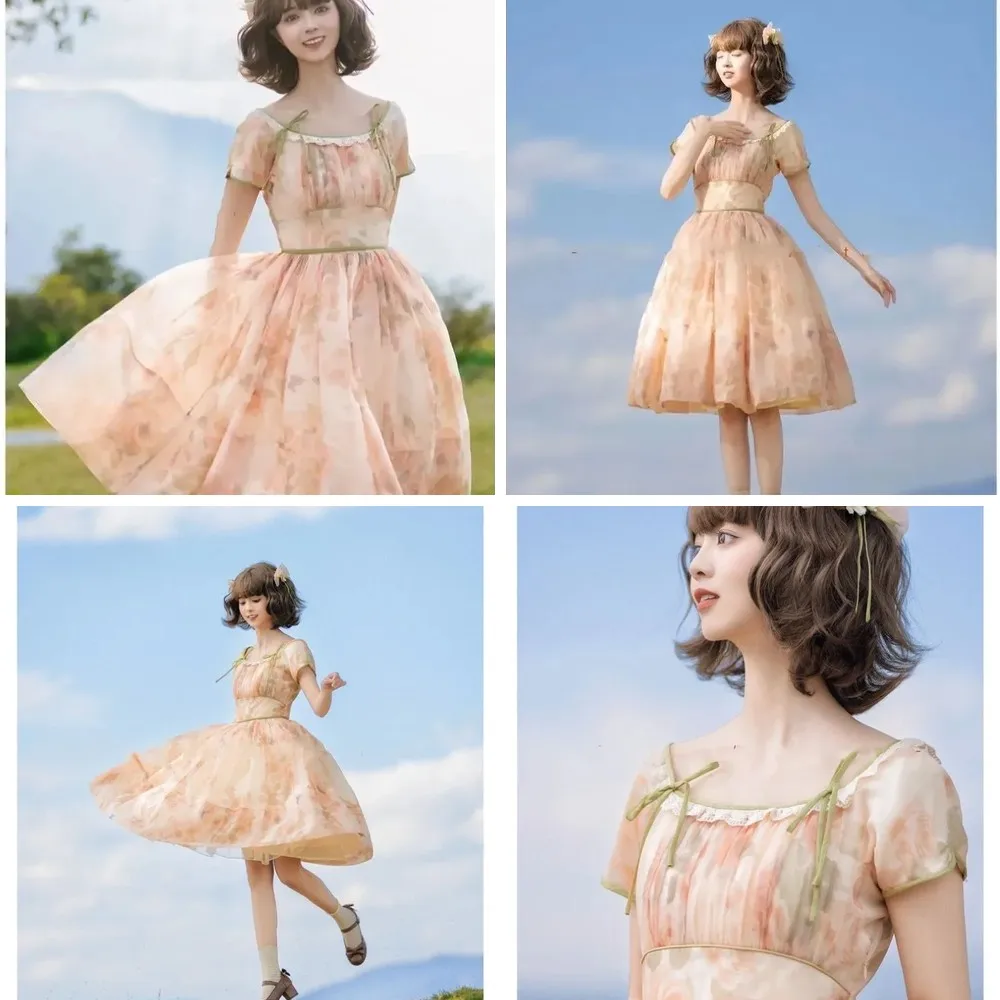 

Vintage French Lolita Princess Dress - Sweet Summer Bow Print Short Party Dress