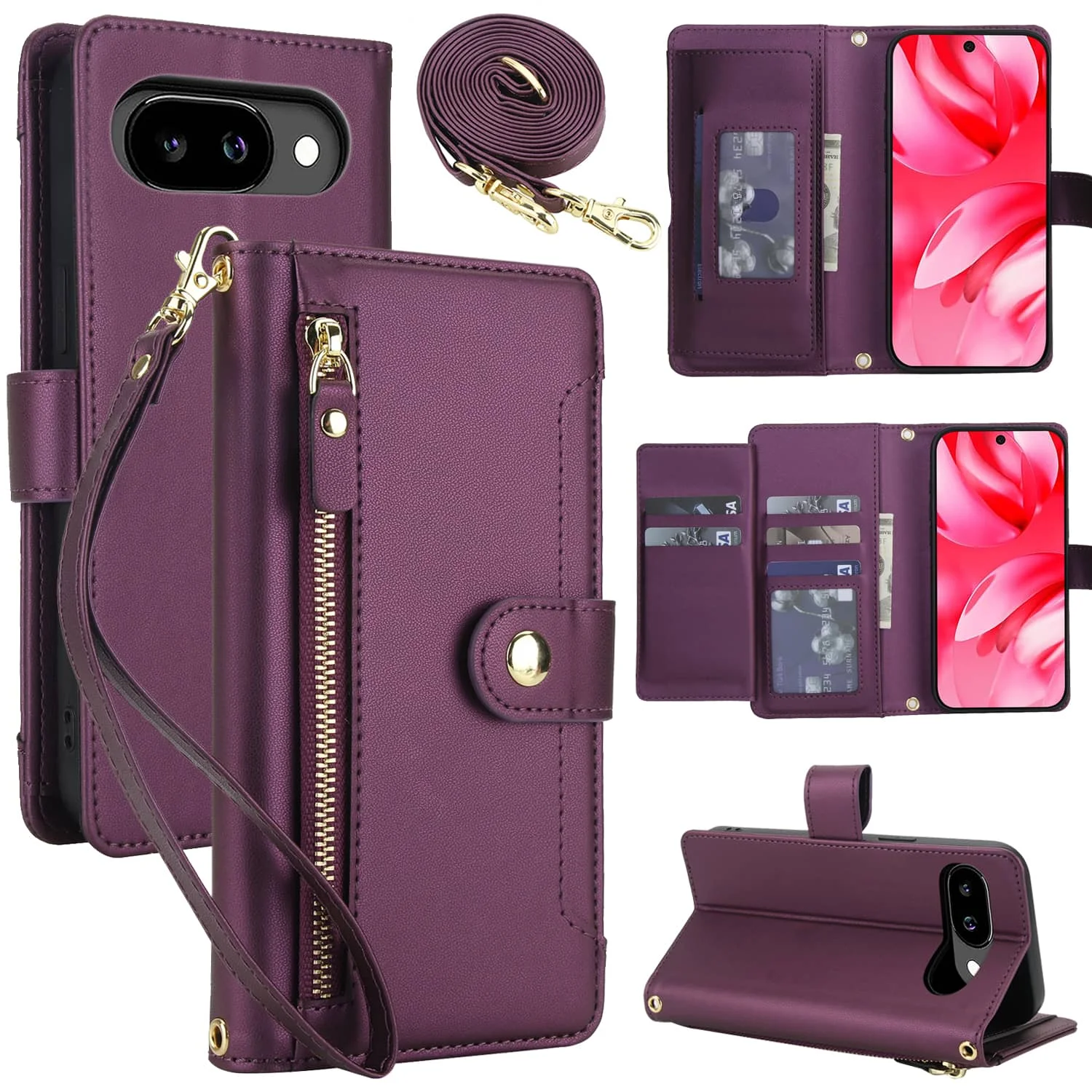 

Flip Wallet Case for Google Pixel 10 9 Pro XL 9 8 Pro 9A 8A Zipper Pocket Case with Card Holder Slot Magnetic Closure Lanyard