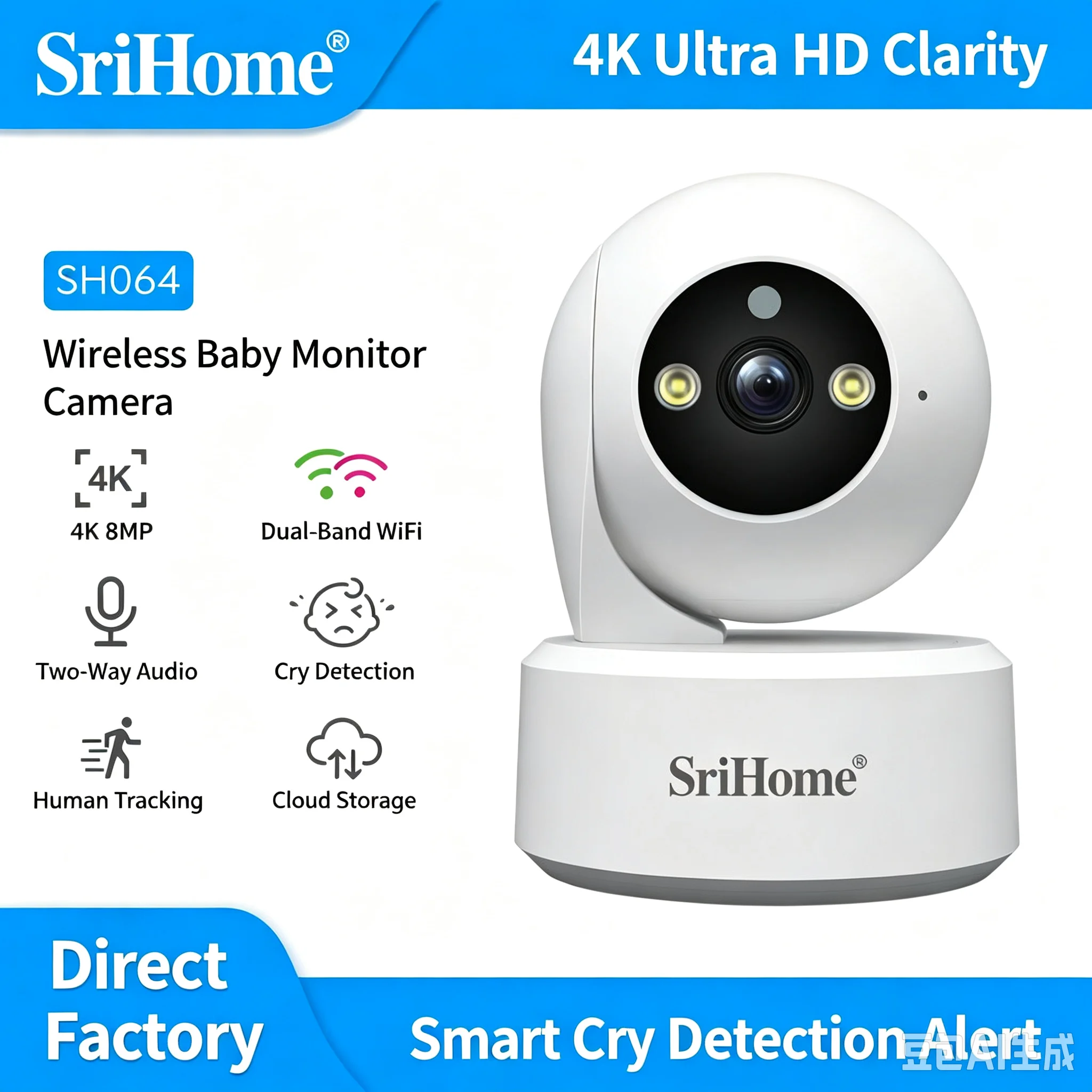 Srihome SH064 4K 8MP 5G WIFI PTZ IP Dome Camera  Full Color AI Humanoid Detection Home Security Cry Detecting Baby Monitor