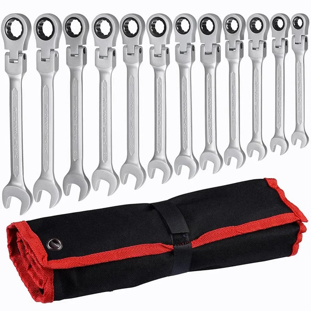 1/4\'\'-13/16\'\' Premium 72-Teeth Gear Chrome Flex-Head Ratcheting Combination Wrench Set SAE Organizer Auto Repair Tool visible