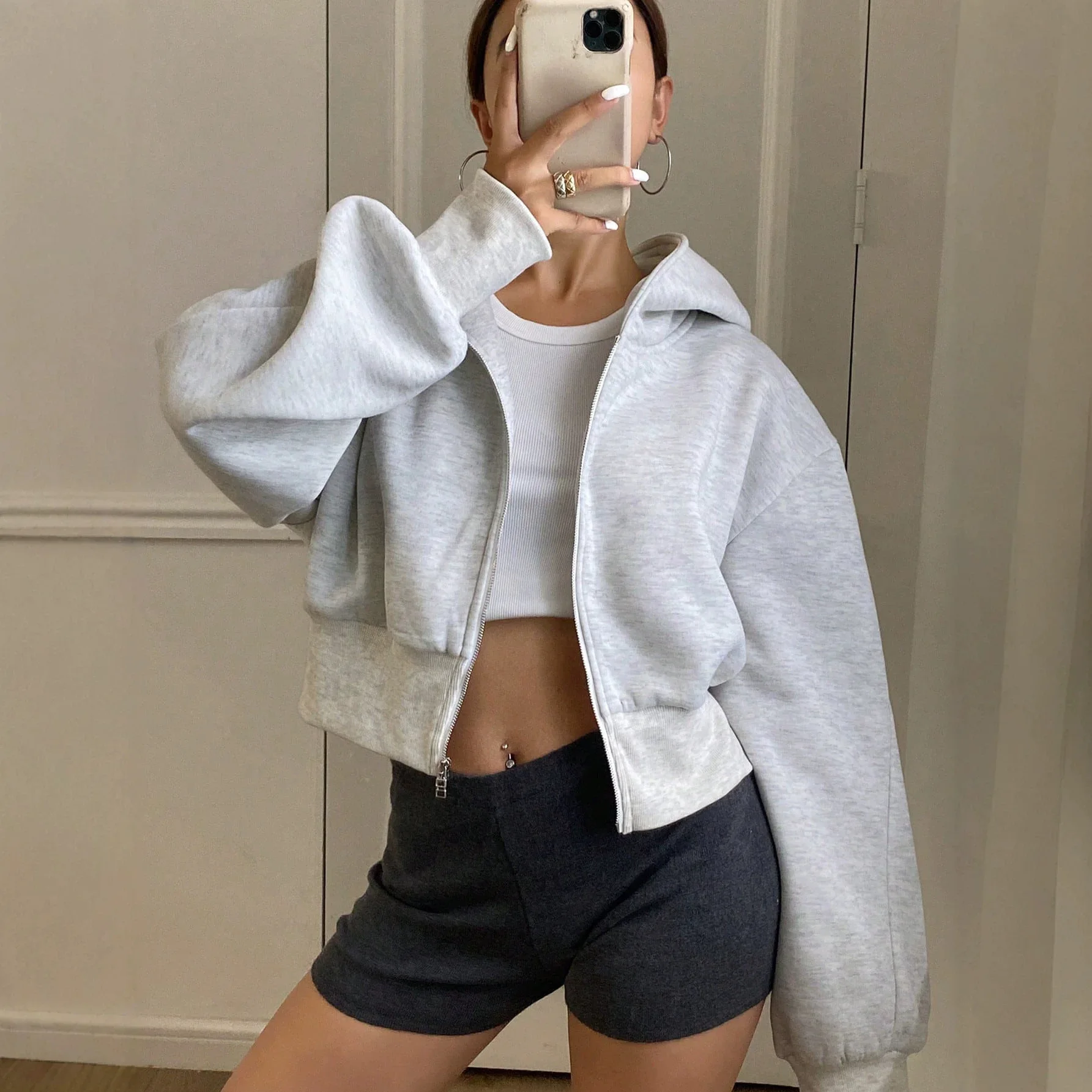Batwing Coat Ladies Hoodie Zip Up Long Sleeve Pocket Grey Cropped Loose Drop Shoulder Warm Lined Soft Chic Fall Streetwear Coat