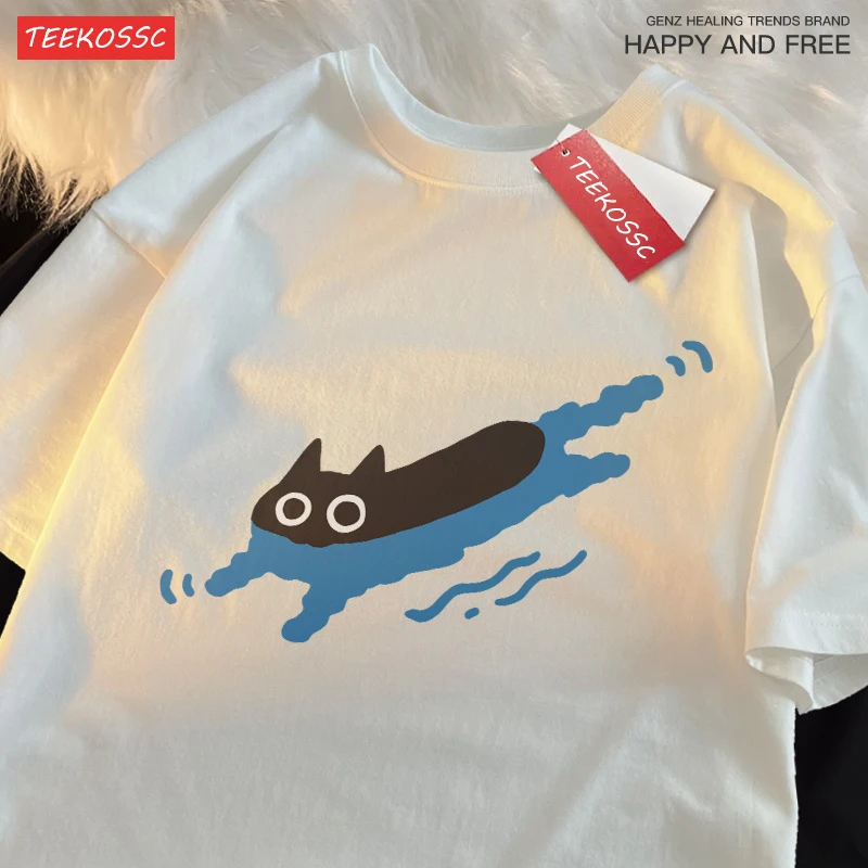 Couple Tees Swimming Black Cat Diving Shoulder Short Sleeved T-shirt For Men Women Breathable Casual Pure Cotton Loose Tops