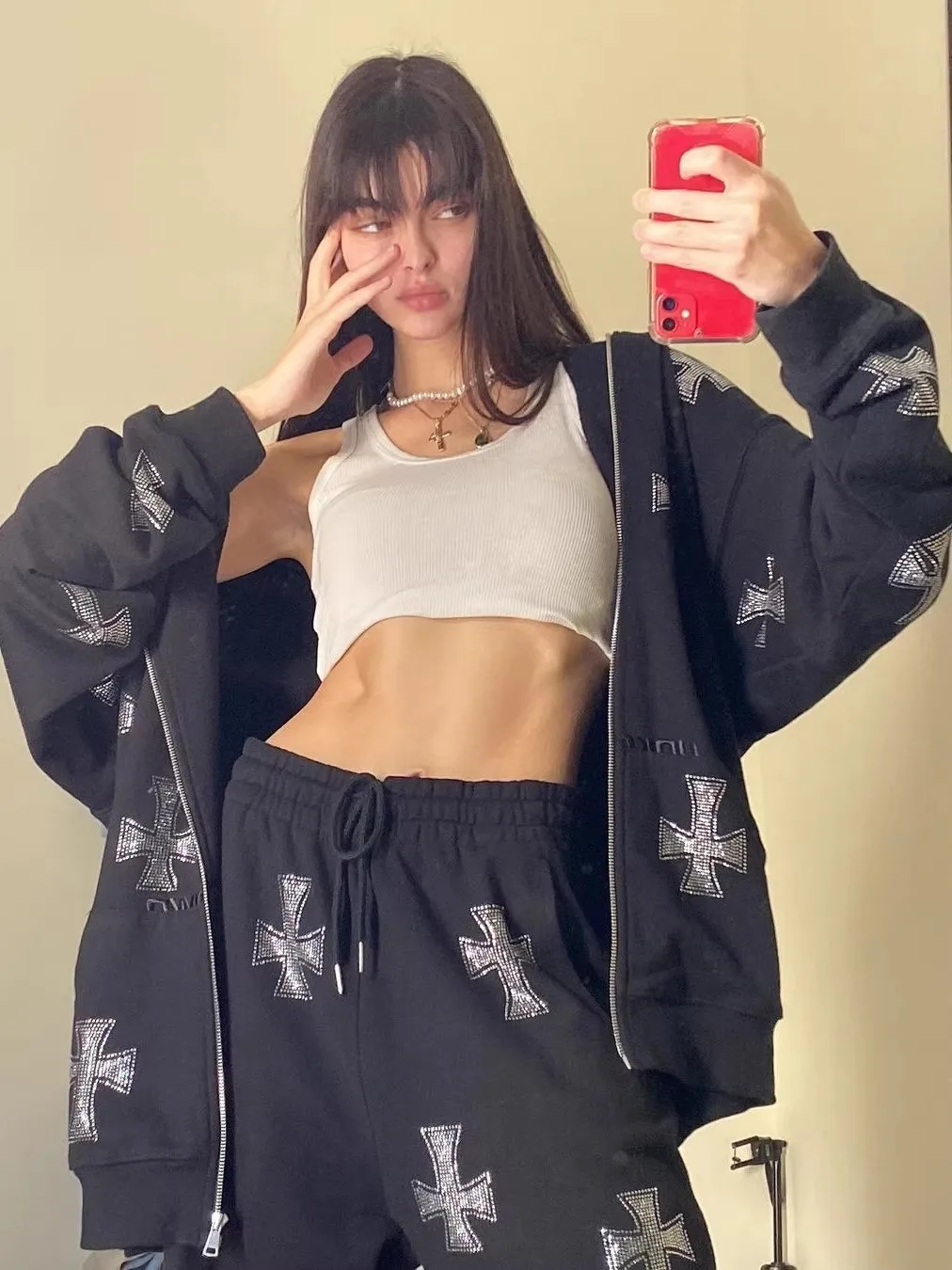 

American Retro Rhinestone Cross Open Cardigan Hoodie Women's Street Sexy Loose Casual Hat irt Outerwear Cotton Long Sve