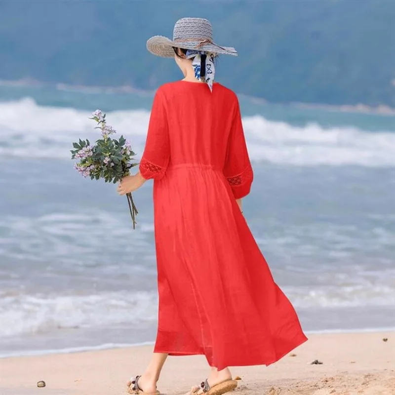 فستان نسائي قطني جديد لربيع وصيف 2025 رداء Ete فام Elbise فضفاض مطرز نصف كم فساتين طويلة للعطلات N618 #2