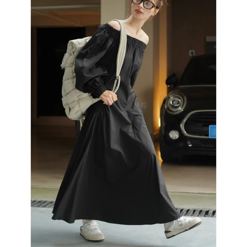 Autumn Off Shoulde Dresses Women Puff Sleeves Snash Neck Fashion Street Casual High Waist Slim Umbrella Long Dress Soft Black